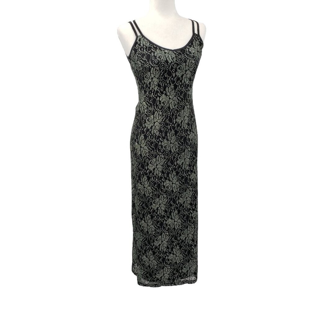Vintage 90s Y2k Mea USA Maxi Dress Size L Black Metallic Green Lace Whimsygoth
